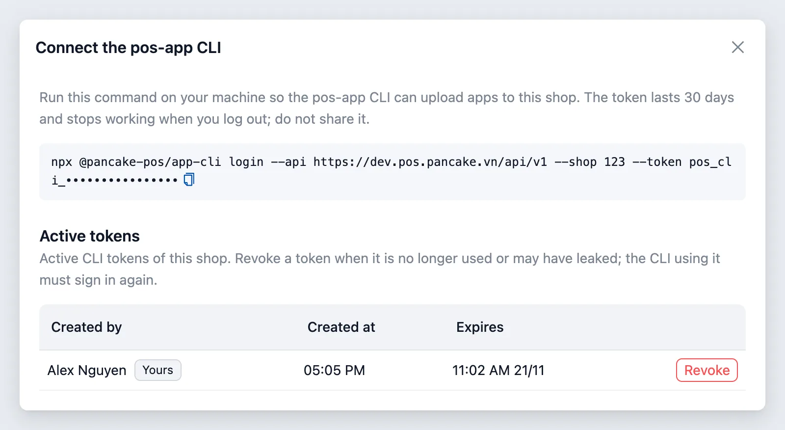 The Connect CLI dialog: the login command and the active tokens
