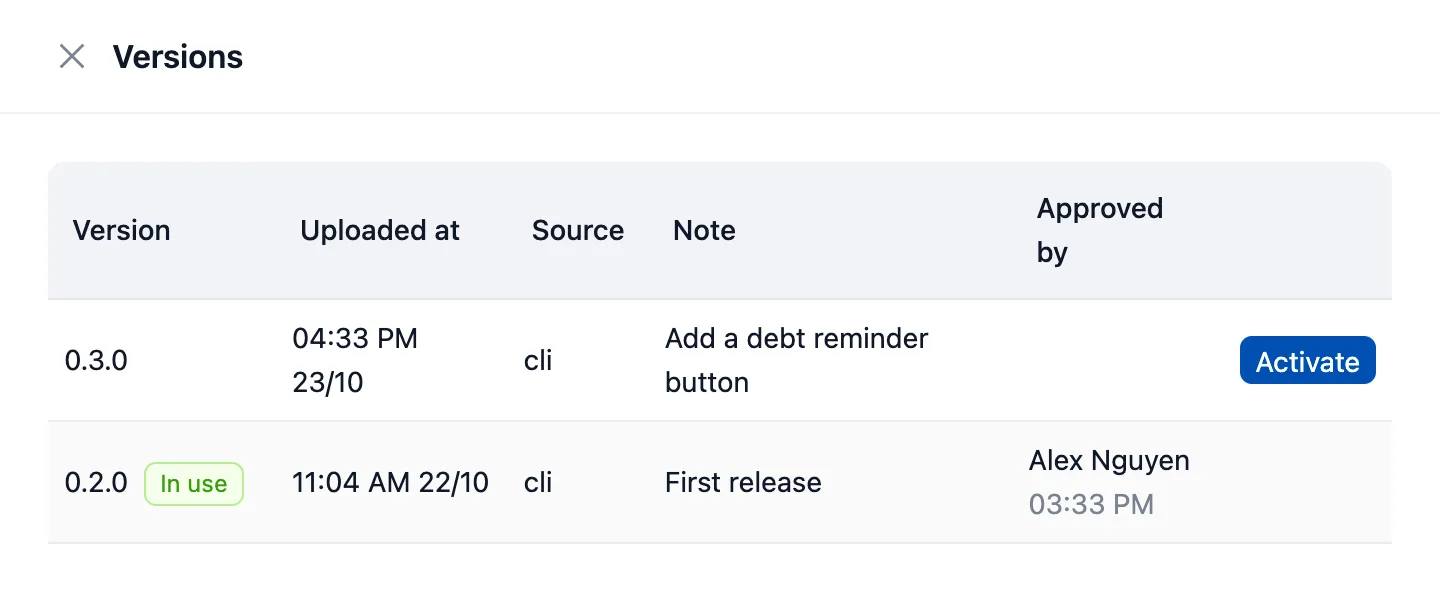 The app's versions, with an Activate button on the new version